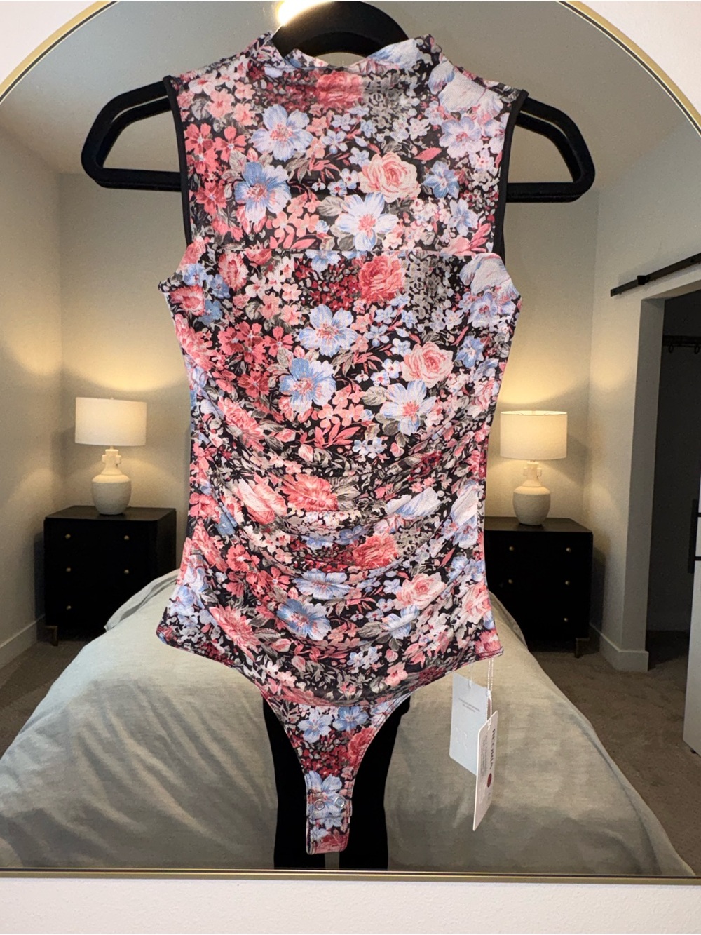 ReoRia Black Floral Mock-Neck Sleeveless Bodysuit with Pink & Blue Blooms